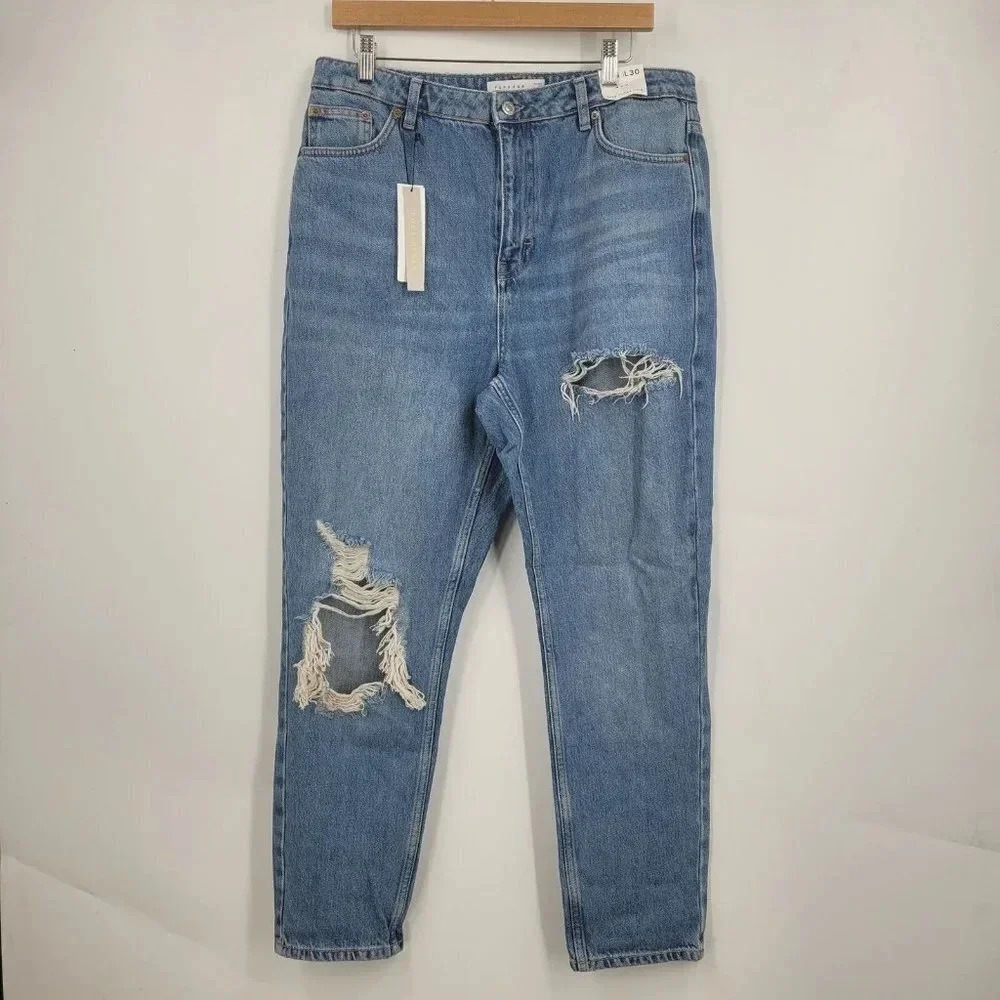 Topshop Medium Blue Ripped Straight Leg Jeans